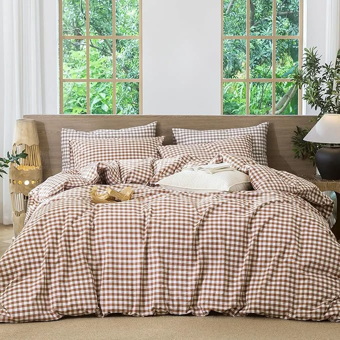 High-Performance MooMee Gingham Duvet Cover Set Washed Cotton Linen Like Textured Breathable Durable Soft Comfy Modern Checkered Design Dark Orange Gingham Queen 90 quot x90 quot Smooth