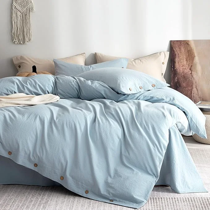 Secure JELLYMONI Washed Cotton Duvet Cover King – Soft Breathable Linen-Look Bedding with Natural Wrinkle Texture Button Closure 3-Piece Set Mist Blue 104 quot x90 quot Responsible