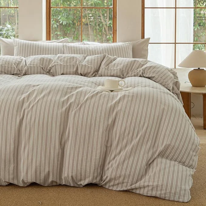 Premium Striped Duvet Cover Set Washed Cotton Linen Like Bedding Set Breathable Durable Comfy Strip-Tannish Linen Grey White Full Excellent