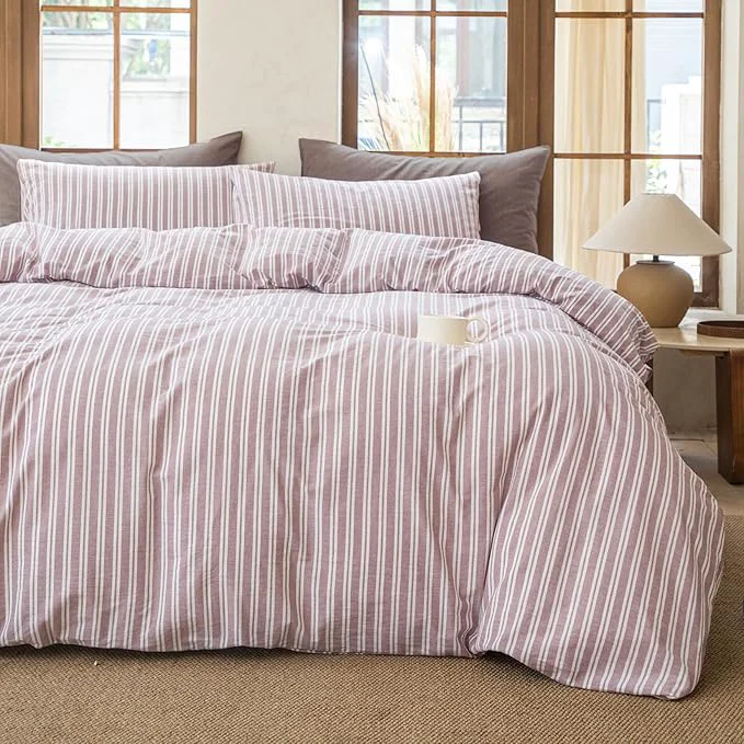 Original Design Striped Duvet Cover Set Washed Cotton Linen Like Soft Feelling Breathable Bedding Dusty Purple Twin Original