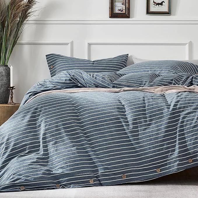 JELLYMONI Cotton Duvet Cover King Size – Blue Pinstriped Comforter Cover with Button Washed Cotton 3PCS Breathable Soft Solid Bedding Set Duvet Cover 104×90in amp 2 Pillowcases NO Comforter Smooth