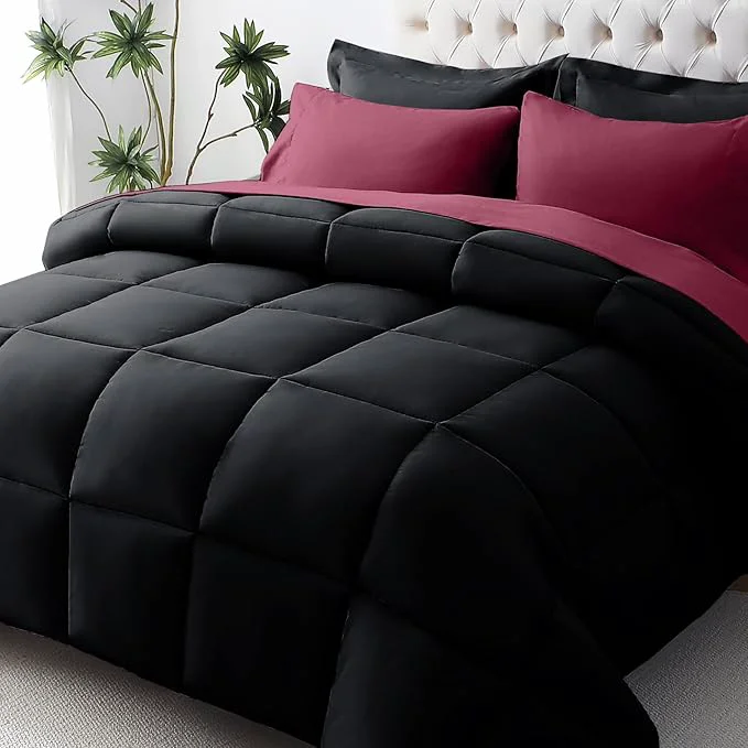 Trendy JOLLYVOGUE Full Comforter Set Ultra-Soft Bed in a Bag Full Size 7 Pieces Oeko-TEX Bedding Set with Down Comforter Sheets Pillowcases amp Shams Burgundy amp Black Responsible