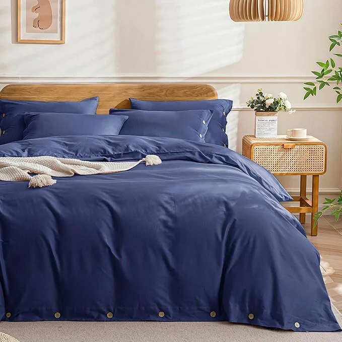 Fine JELLYMONI Cotton Duvet Cover Queen Size – Navy Blue Comforter Cover with Button Washed Cotton 3PCS Breathable Soft Solid Bedding Set Duvet Cover 90×90in amp 2 Pillowcases NO Comforter Easy-to-Use