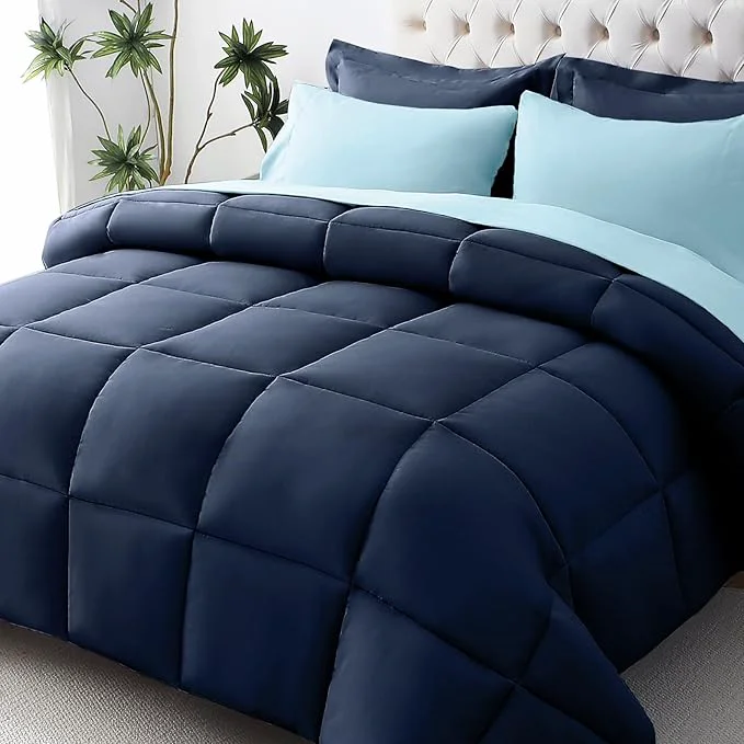 Smooth JOLLYVOGUE King Comforter Set Ultra-Soft Bed in a Bag King Size 7 Pieces Oeko-TEX Bedding Set with Down Comforter Sheets Pillowcases amp Shams Navy amp Light Blue Trusted