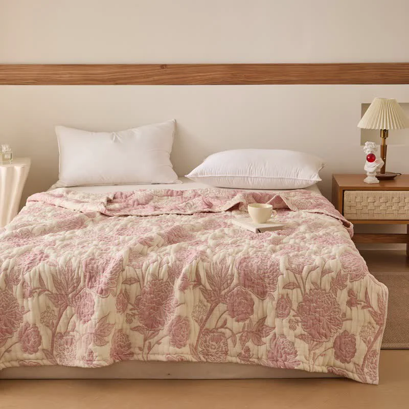 Pure Ownkoti Reversible Peony Floral Cotton Gauze Quilt Natural