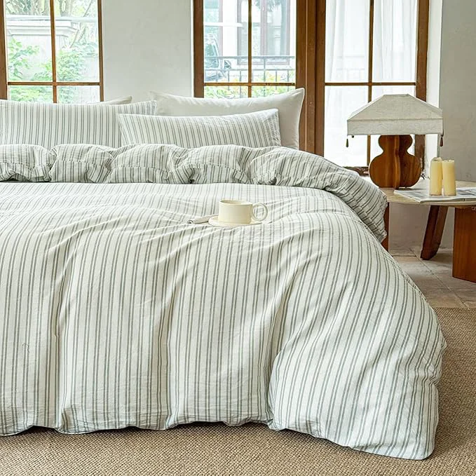 Trusted Striped Duvet Cover Set Washed Cotton Linen Like Soft Feelling Breathable Bedding White Sage Green Strip King Unique