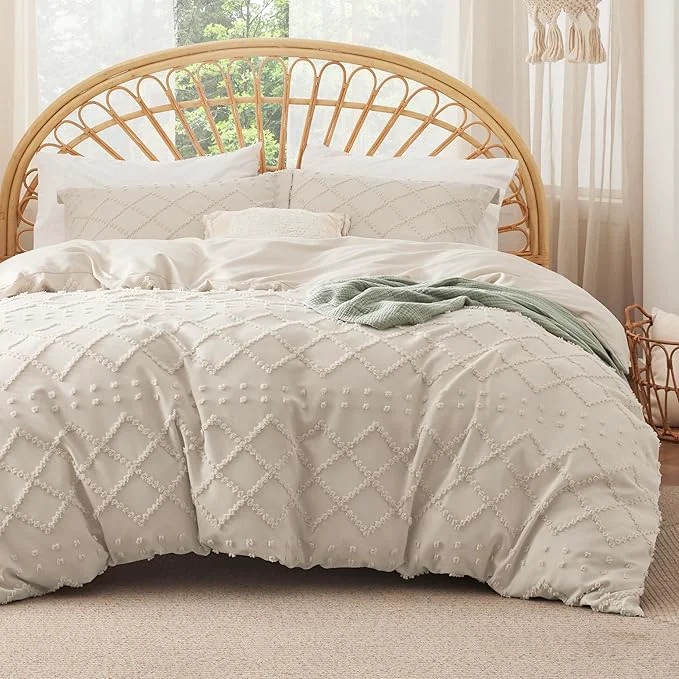 Official Bedsure Boho Duvet Cover Queen Size with Fitted Sheet – Boho Bedding Comforter Set 4 Pieces Includes 1 Duvet Cover 90 quot x90 quot with Zipper Closure 2 Pillow Shams 1 Fitted Sheet Beige Premium Material