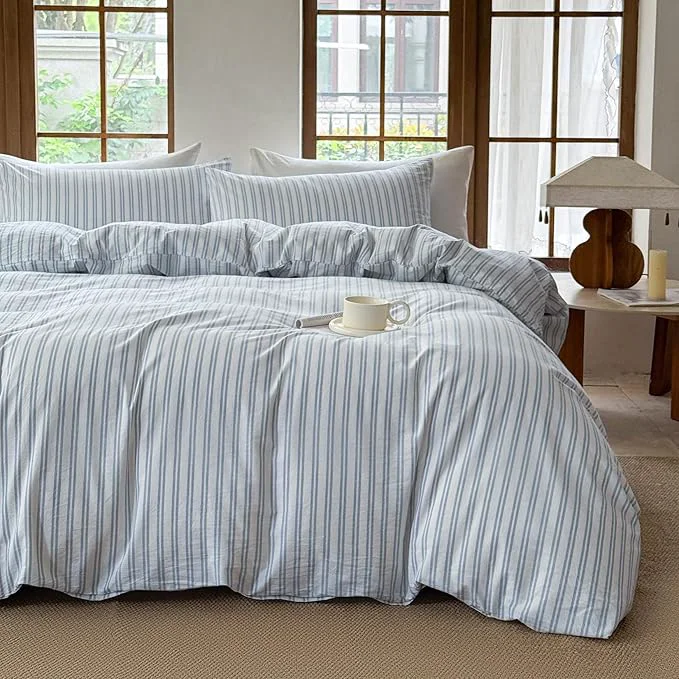 Refined Striped Duvet Cover Set Washed Cotton Linen Like Soft Feelling Breathable Bedding White Cornflower Blue Strip Full High-Performance