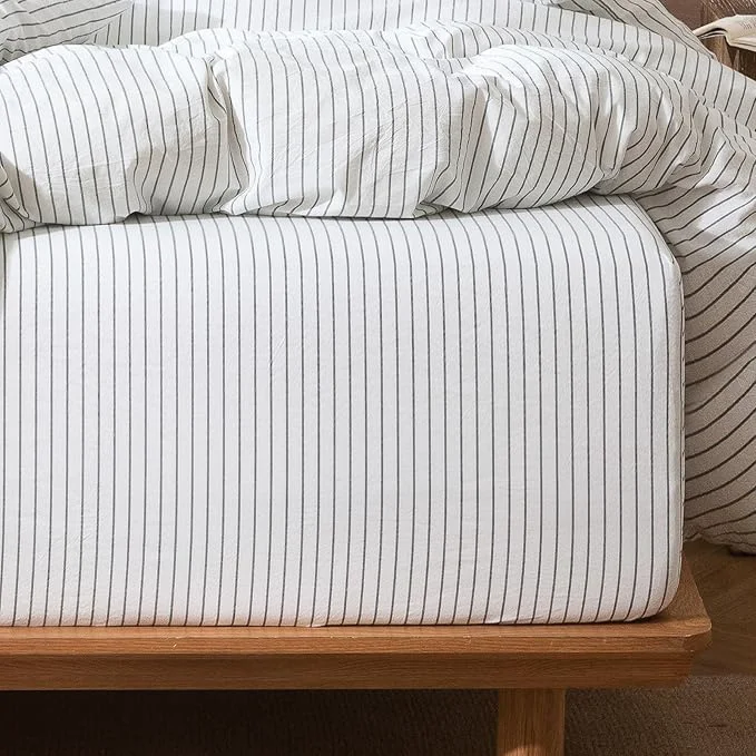 Elegant MooMee Stripes Fitted Bottom Sheet Only Washed Cotton Linen Like Textured Breathable Durable Soft Comfy Deep Pocket White Heathered Green Wide Stripes Queen Recyclable