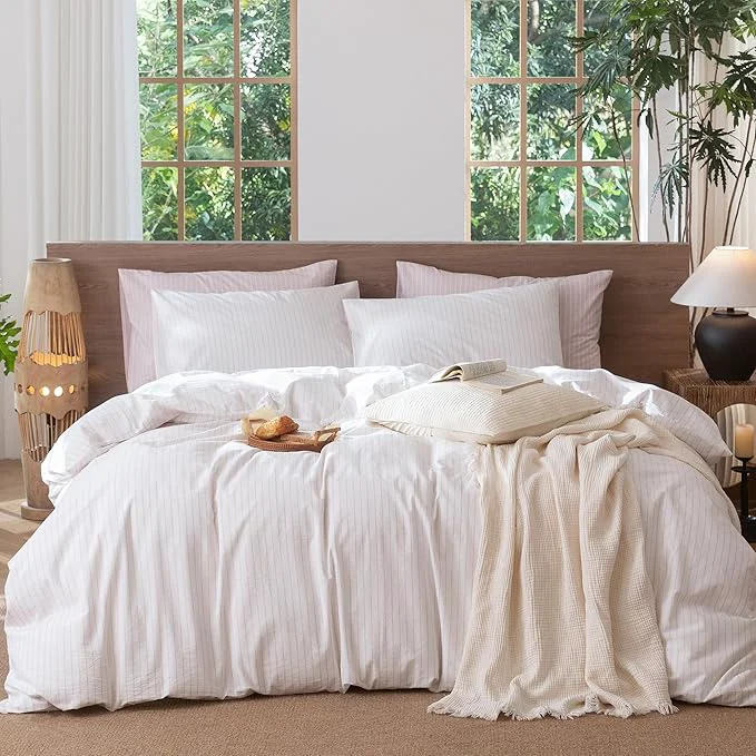 Convenient MooMee Striped Duvet Cover Set Washed Cotton Linen Like Textured Breathable Durable Soft Comfy White Heathered Greyish Pink Wide Stripes Palatial King Oversized King 120 quot x98 quot Flexible