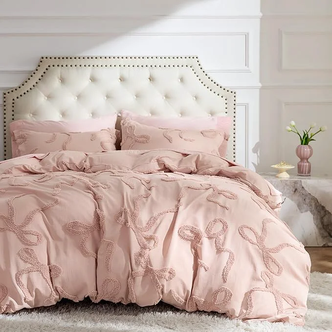Organic Bedsure Boho Duvet Cover Queen Size – Rose Pink Tufted Boho Bedding Farmhouse Shabby Chic Embroidery Bedding for All Seasons 3 Pieces 1 Soft Jacquard Queen Comforter Cover and 2 Pillow Shams Exclusive