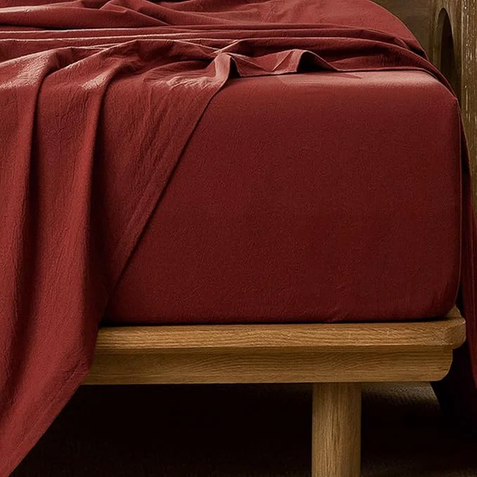 Dependable MooMee Fitted Bottom Sheet Only Washed Cotton Linen Like Textured Breathable Durable Soft Comfy Deep Pocket Fits Mattress up to 17 quot Solid Fired Brick Red King Luxury