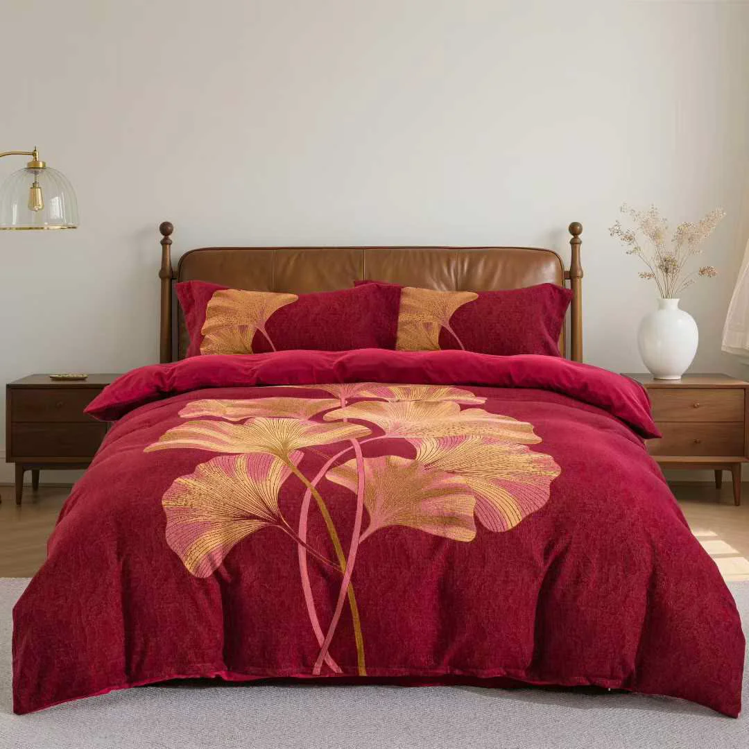 Eco-Friendly Ownkoti Red amp Gold Ginkgo Leaf Cotton Bedding Set 4PCS Outstanding