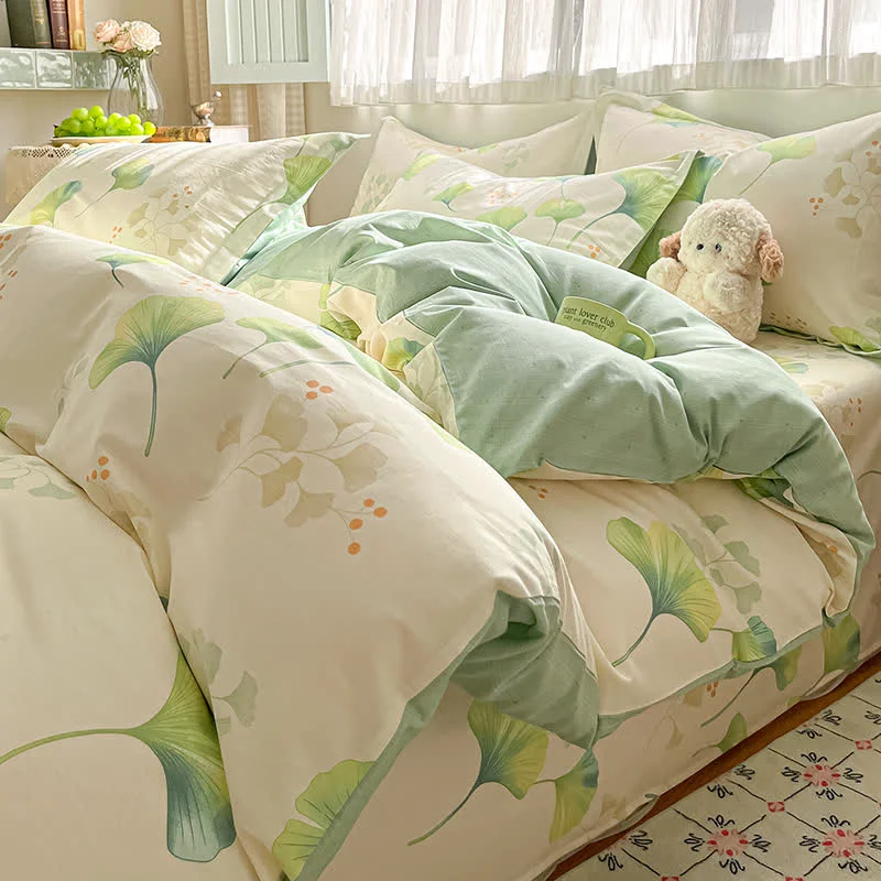 Official Ownkoti Fresh Green Ginkgo Leaf Cotton Bedding Set 4PCS Detailed