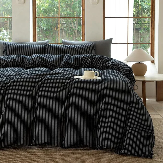 Innovative Striped Duvet Cover Set Washed Cotton Linen Like Soft Feelling Breathable Bedding Strip-Black White Queen Stylish