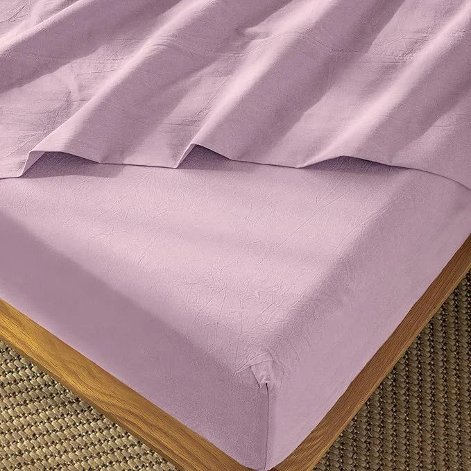 Innovative MooMee Fitted Bottom Sheet Only Washed Cotton Linen Like Textured Breathable Durable Soft Comfy Deep Pocket Fits Mattress up to 17 quot Light Purple Twin Consistent