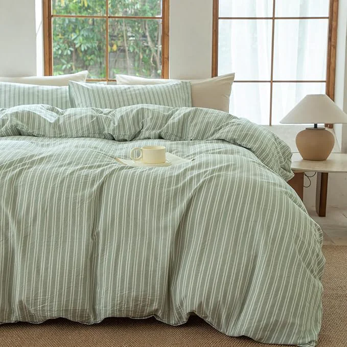 High-End Sage Green and White Striped Duvet Cover Washed Cotton Breathable and Linen Like Bedding Set Strip-Sage Green White Twin Reusable