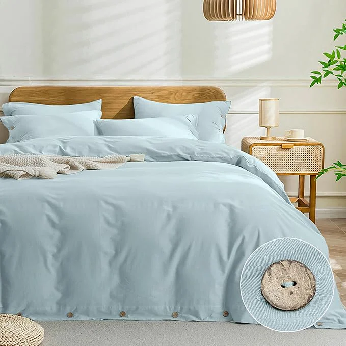 Modern JELLYMONI Cotton Duvet Cover King Size – Light Blue Comforter Cover with Button Washed Cotton 3PCS Breathable Soft Solid Bedding Set Duvet Cover 104×90in amp 2 Pillowcases NO Comforter Top-Quality