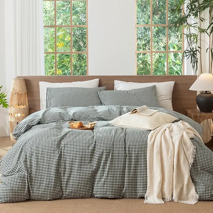 MooMee Gingham Duvet Cover Set Washed Cotton Linen Like Textured Breathable Durable Soft Comfy Modern Checkered Design Mini Gingham Forest Green Queen 90 quot x90 quot