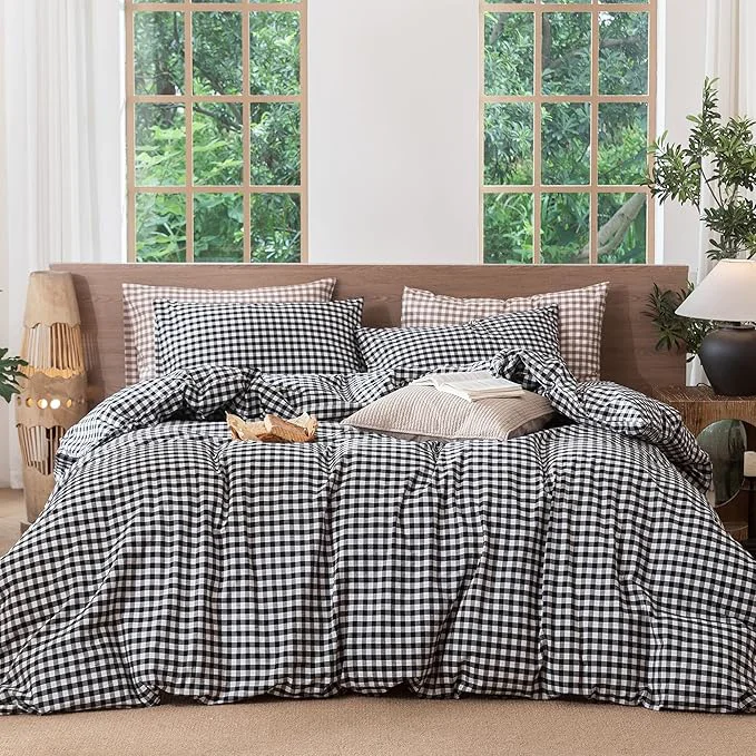 Fashionable MooMee Gingham Duvet Cover Set Washed Cotton Linen Like Textured Breathable Durable Soft Comfy Modern Checkered Design Black White Gingham Full 80 quot x90 quot Fast