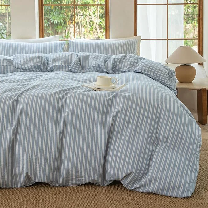 High-Grade Luxury Washed Cotton Linen Like Duvet Cover Set 3 Pcs Striped Duvet Cover with Zipper Closure Strip-Cornflower Blue White Full Long-Lasting