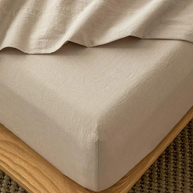 Sophisticated MooMee Fitted Bottom Sheet Only Washed Cotton Linen Like Textured Breathable Durable Soft Comfy Deep Pocket Fits Mattress up to 17 quot Taupe Twin Refined