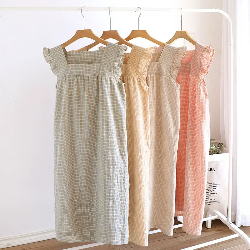 Classic Ownkoti Cotton Gauze Plaid Flutter Sleeve Tank Nightdress Relaxed