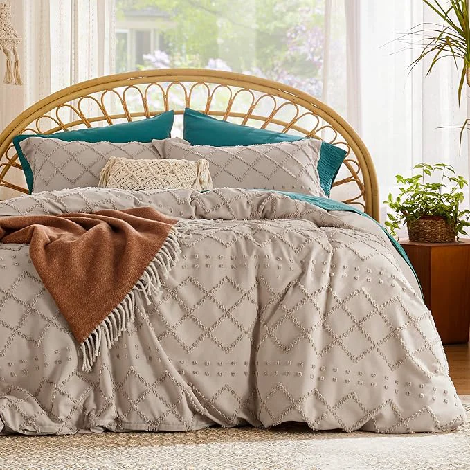 Minimalist Bedsure Boho Duvet Cover Queen Size – Khaki Breathable amp Soft Boho Bedding Machine Washable Comforter Cover for All Seasons Includes 1 Duvet Cover 90 quot x90 quot with 2 Pillow Shams amp Zipper Closure Detailed