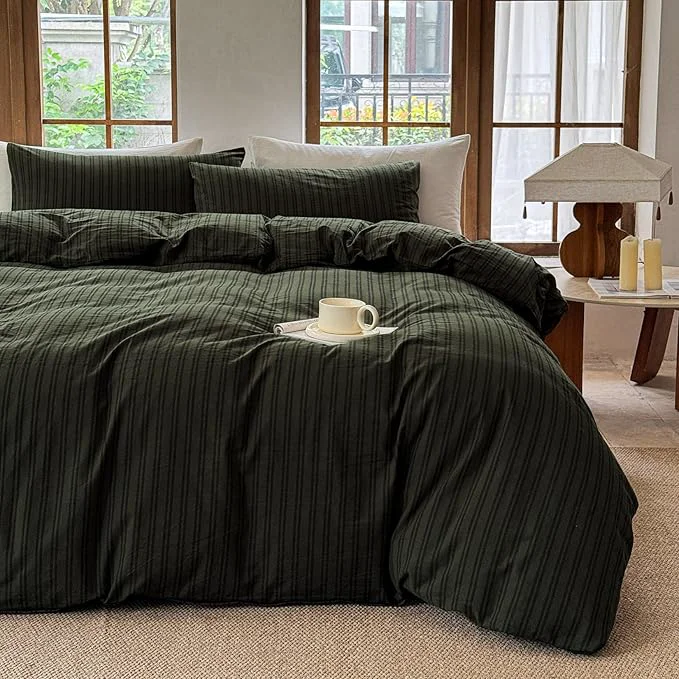 Natural Striped Duvet Cover Set Washed Cotton Linen Like Soft Feelling Breathable Bedding Olive Green Black Strip King Functional