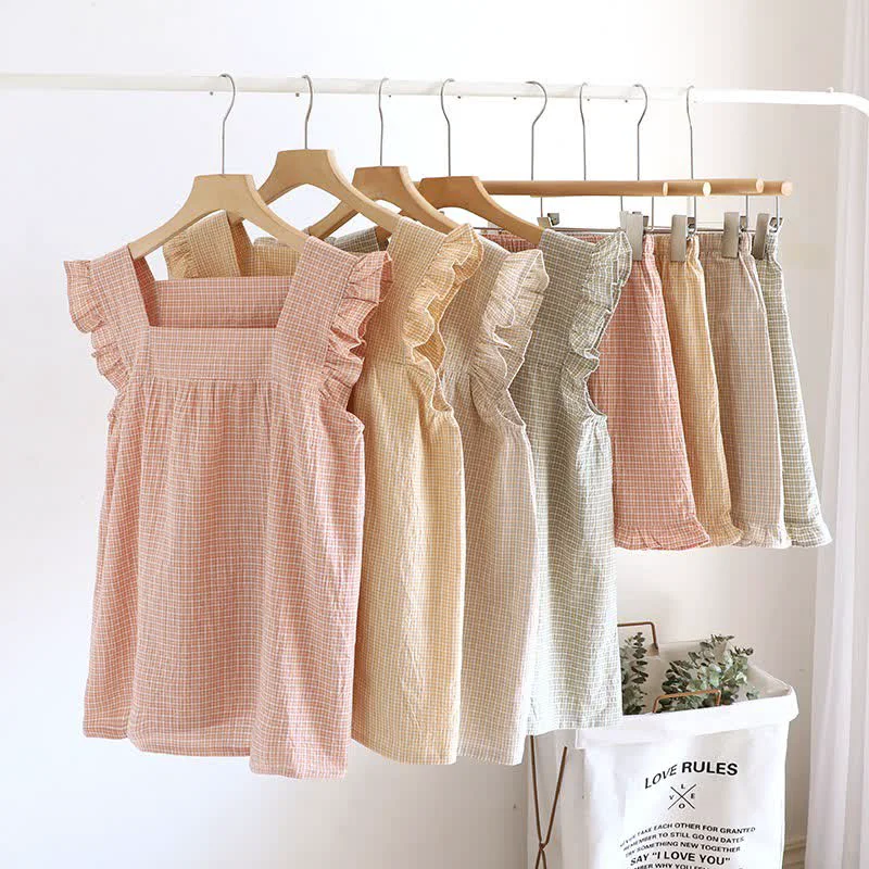 Fine Ownkoti Cotton Gauze Plaid Flutter Sleeve Tank Pajamas Green