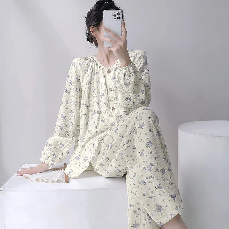 Powerful Ownkoti Gray Ditsy Floral Double Gauze Cotton Pajamas Top-Quality
