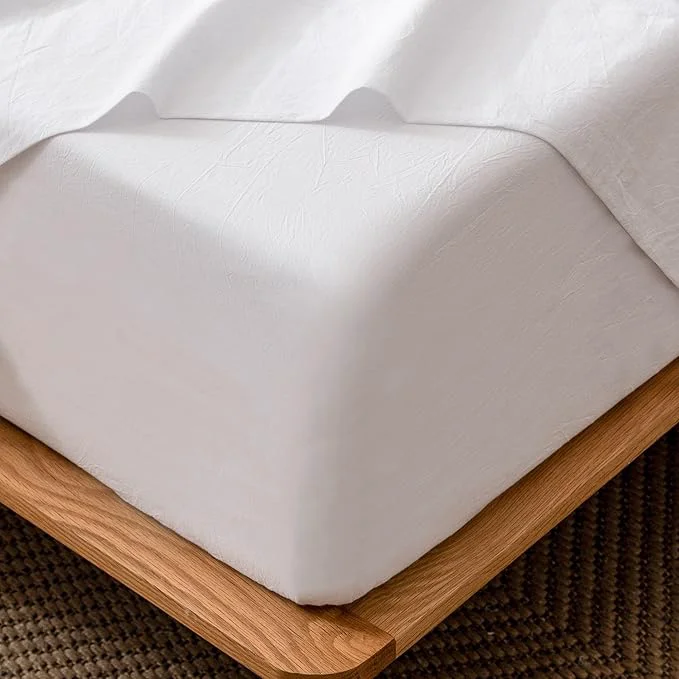 Safe MooMee Fitted Bottom Sheet Only Washed Cotton Linen Like Textured Breathable Durable Soft Comfy Deep Pocket Fits Mattress up to 17 quot Bright White Queen High-End