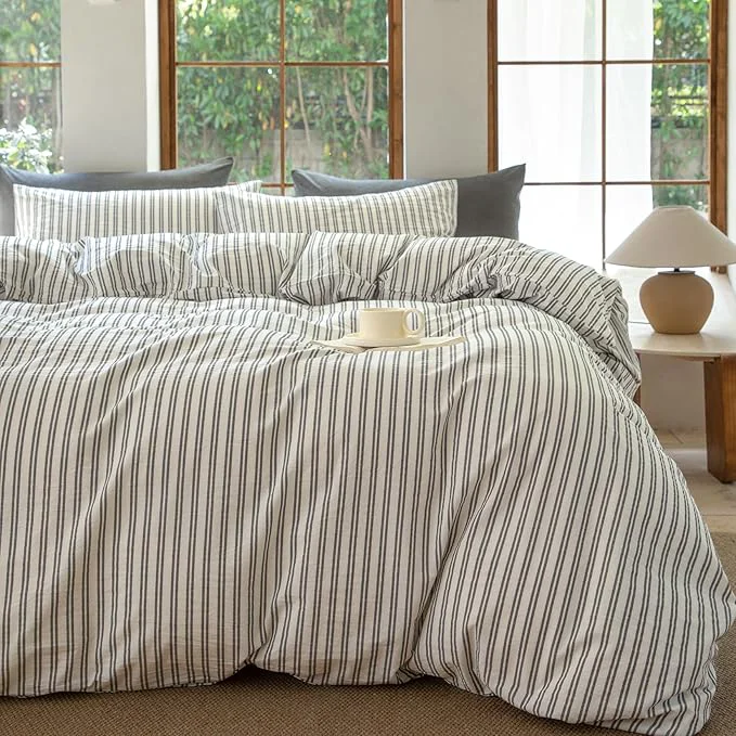 Trusted Striped Duvet Cover Set Washed Cotton Line Like Breathable Trendy Bedding Set Strip-White Black King Responsible
