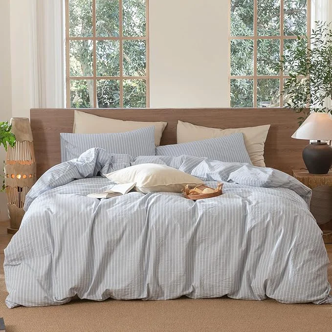 High-Grade MooMee Striped Duvet Cover Set Washed Cotton Linen Like Textured Breathable Durable Soft Comfy Cornflower Blue White Wide Stripes Palatial King Oversized King 120 quot x98 quot High-Quality