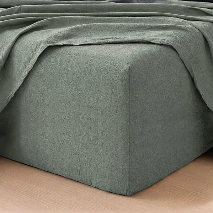 MooMee Fitted Bottom Sheet Only Washed Cotton Linen Like Textured Breathable Durable Soft Comfy Deep Pocket Fits Mattress up to 17 quot Heathered Green Queen Professional
