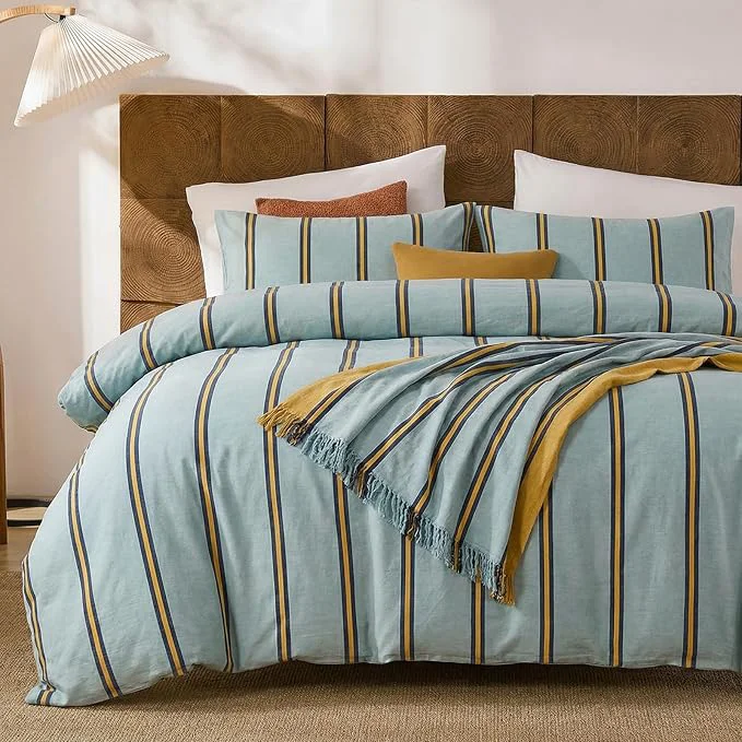 Professional Merryword Green amp Orange Striped Duvet Cover Set King Size Cotton Bedding Set with Zipper Closure amp 8 Corner Ties Luxury Linen Like Bedding Soft Breathable Comforter Cover for All Seasons Advanced