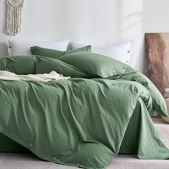 Flexible JELLYMONI Washed Cotton Duvet Cover Queen – Soft Breathable Linen-Look Bedding with Natural Wrinkle Texture Button Closure 3-Piece Set Dusty Green 90 quot x90 quot High-Grade