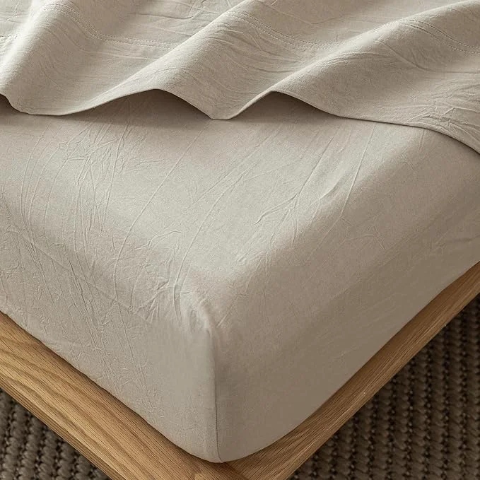 Practical MooMee Fitted Bottom Sheet Only Washed Cotton Linen Like Textured Breathable Durable Soft Comfy Deep Pocket Fits Mattress up to 17 quot Tannish Linen Grey Twin Flexible