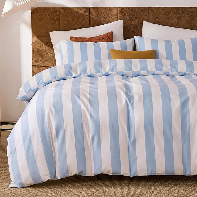 Traditional Merryword Blue and White Striped Duvet Cover Set Queen Size Cotton Bedding Set with Zipper Closure amp 8 Corner Ties Luxury Linen Like Bedding Soft Breathable Comforter Cover for All Seasons High-Grade