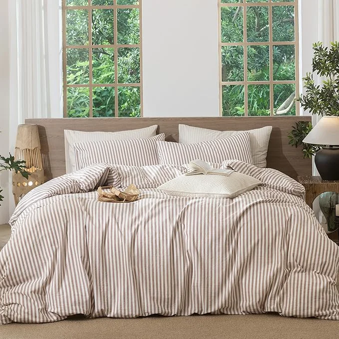 Crafted MooMee Striped Duvet Cover Set Washed Cotton Linen Like Textured Breathable Durable Soft Comfy Orange Classic Stripes Super King 108 quot x98 quot Sophisticated