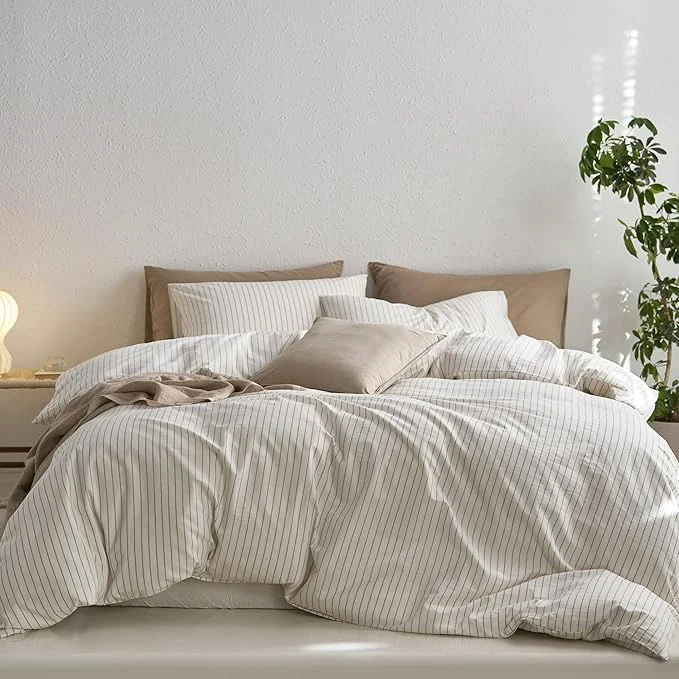 Organic MooMee Striped Duvet Cover Set Washed Cotton Linen Like Textured Breathable Durable Soft Comfy White Tannish Linen Grey Wide Stripes Oversized Queen 98 quot x98 quot Secure