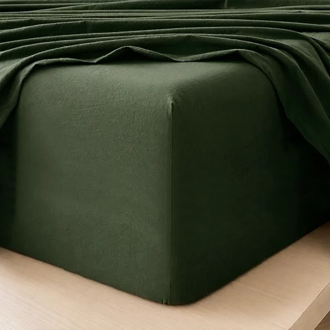 Clean MooMee Fitted Bottom Sheet Only Washed Cotton Linen Like Textured Breathable Durable Soft Comfy Deep Pocket Fits Mattress up to 17 quot Forest Green Twin Secure