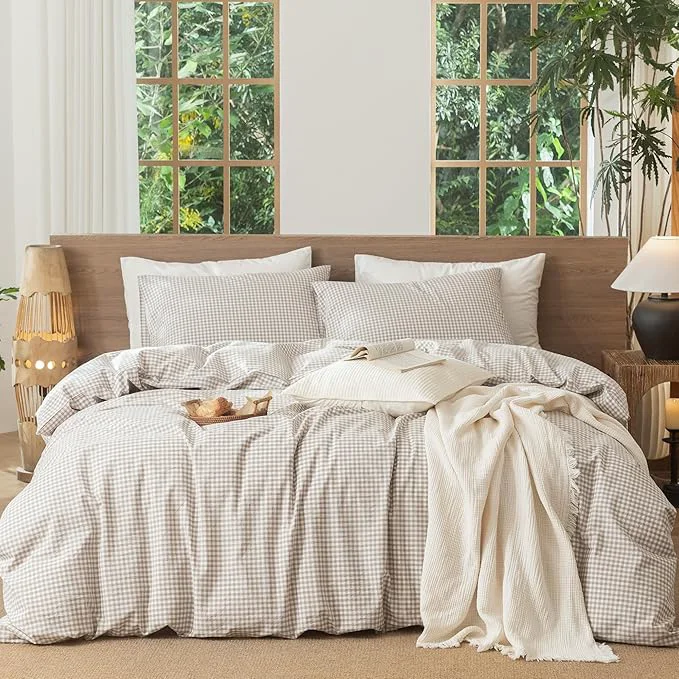 Innovative MooMee Gingham Duvet Cover Set Washed Cotton Linen Like Textured Breathable Durable Soft Comfy Modern Checkered Design Mini Gingham Tannish Linen Grey King 104 quot x90 quot High-Quality