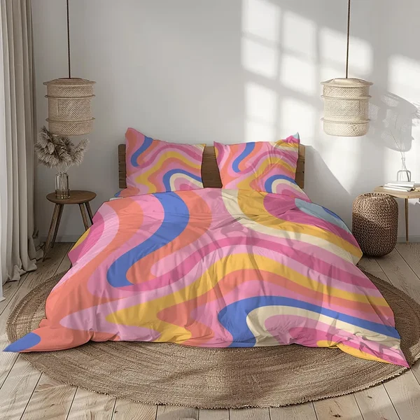 Efficient Vintage 70 s Bedding Set – Retro Pattern Duvet Cover amp Pillow Cases Mid-Century Style High-Quality