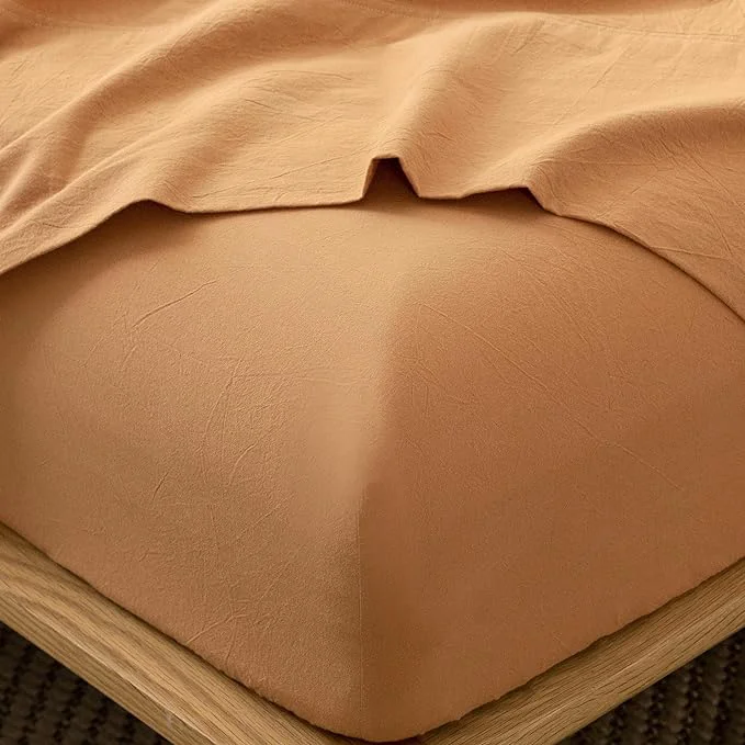 Genuine MooMee Fitted Bottom Sheet Only Washed Cotton Linen Like Textured Breathable Durable Soft Comfy Deep Pocket Fits Mattress up to 17 quot Burnt Orange King Detailed