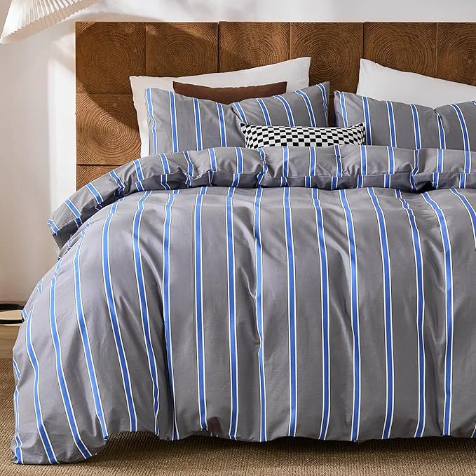Optimized Merryword Blue and Gray Striped Duvet Cover Set King Size Cotton Bedding Set with Modern Coastal Style Soft Breathable Linen Like Bedding Set 3 Pieces Certified