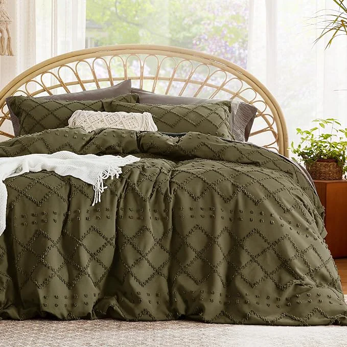 Versatile Bedsure Boho Duvet Cover Queen Size – Olive Green Breathable amp Soft Boho Bedding Machine Washable Comforter Cover for All Seasons Includes 1 Duvet Cover 90 quot x90 quot with 2 Pillow Shams amp Zipper Closure Outstanding