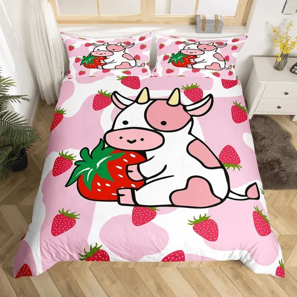 Minimalist Milk Cow Duvet Cover Set – Pink amp White Cartoon Cow Print Strawberry Bedding for Kids Boys amp Girls Premium