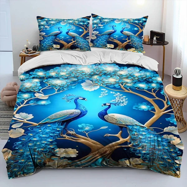 Solid Elegant Watercolor Peacock Duvet Cover Set – Artistic Bird Print Bedding Innovative