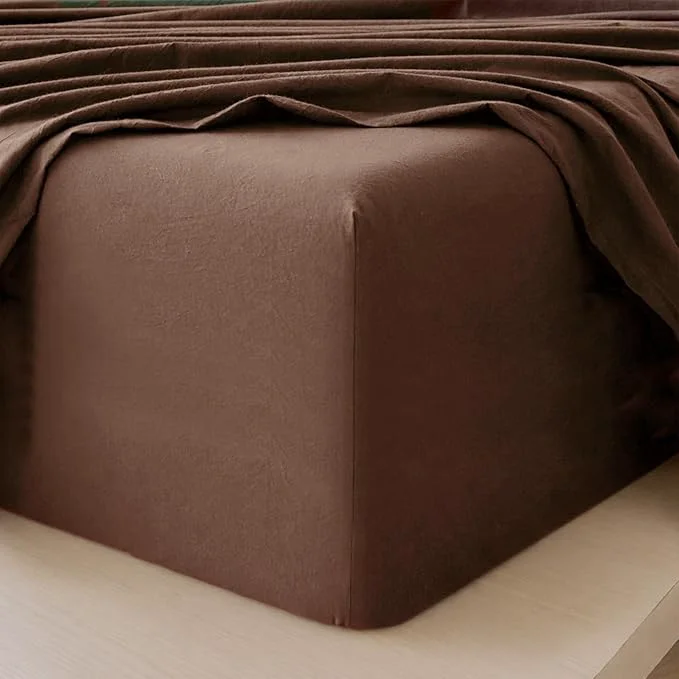 Elite MooMee Fitted Bottom Sheet Only Washed Cotton Linen Like Textured Breathable Durable Soft Comfy Deep Pocket Fits Mattress up to 17 quot Cocoa Brown Queen Professional